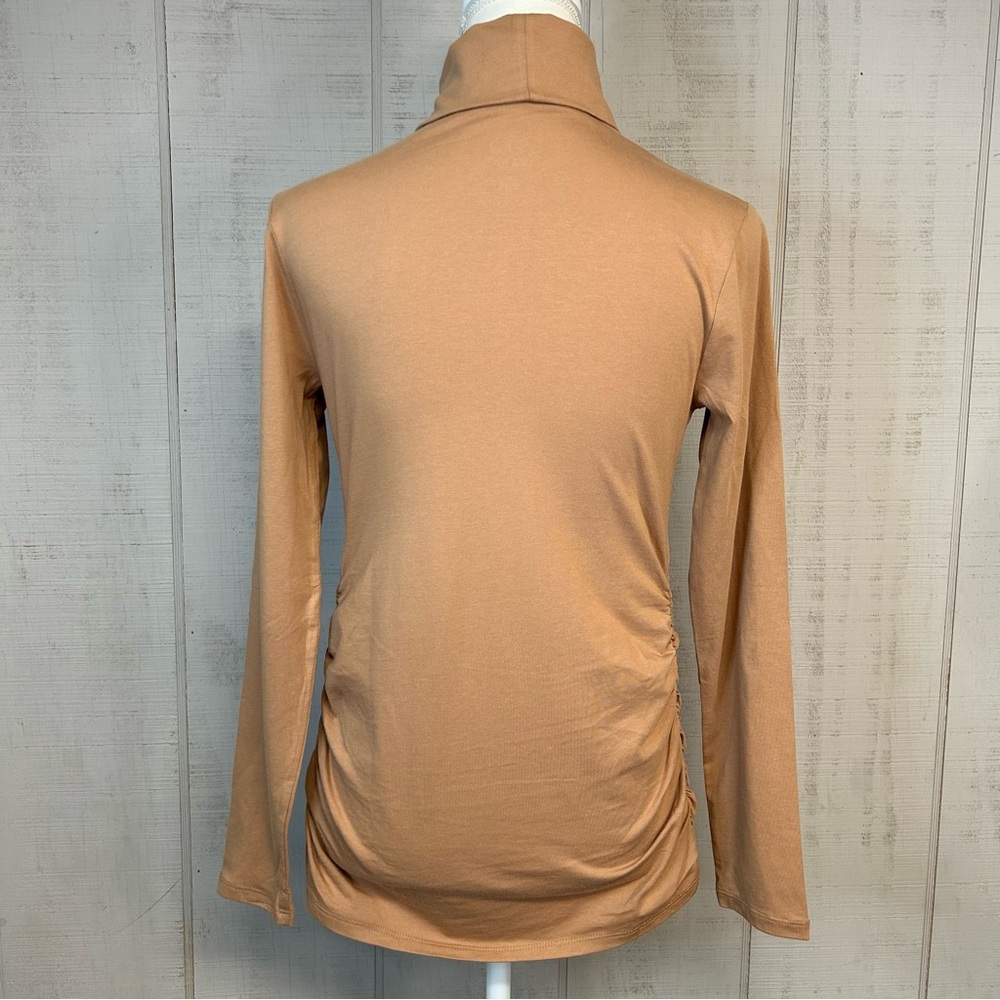 Isabel Maternity Turtleneck Top Long Sleeve Shirred Stretchy Cotton Tan Neutral - Picture 2 of 7